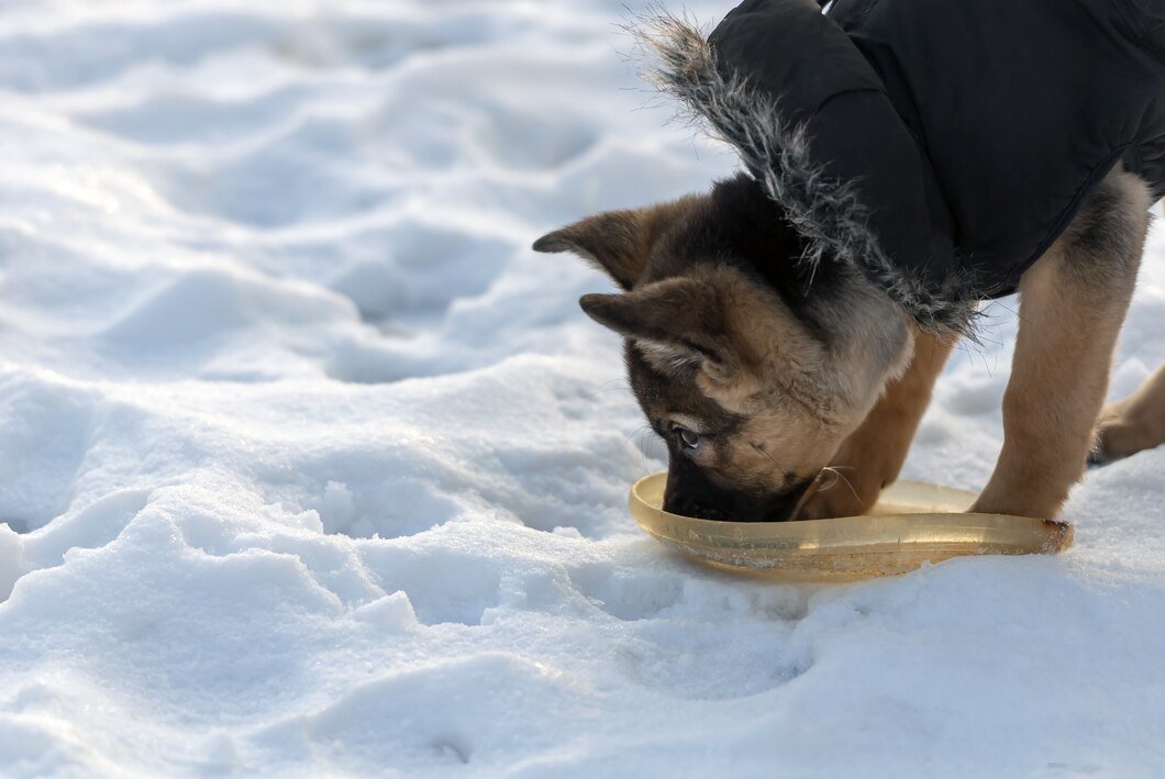 Dog paws in snow with protective winter gear and paw balm