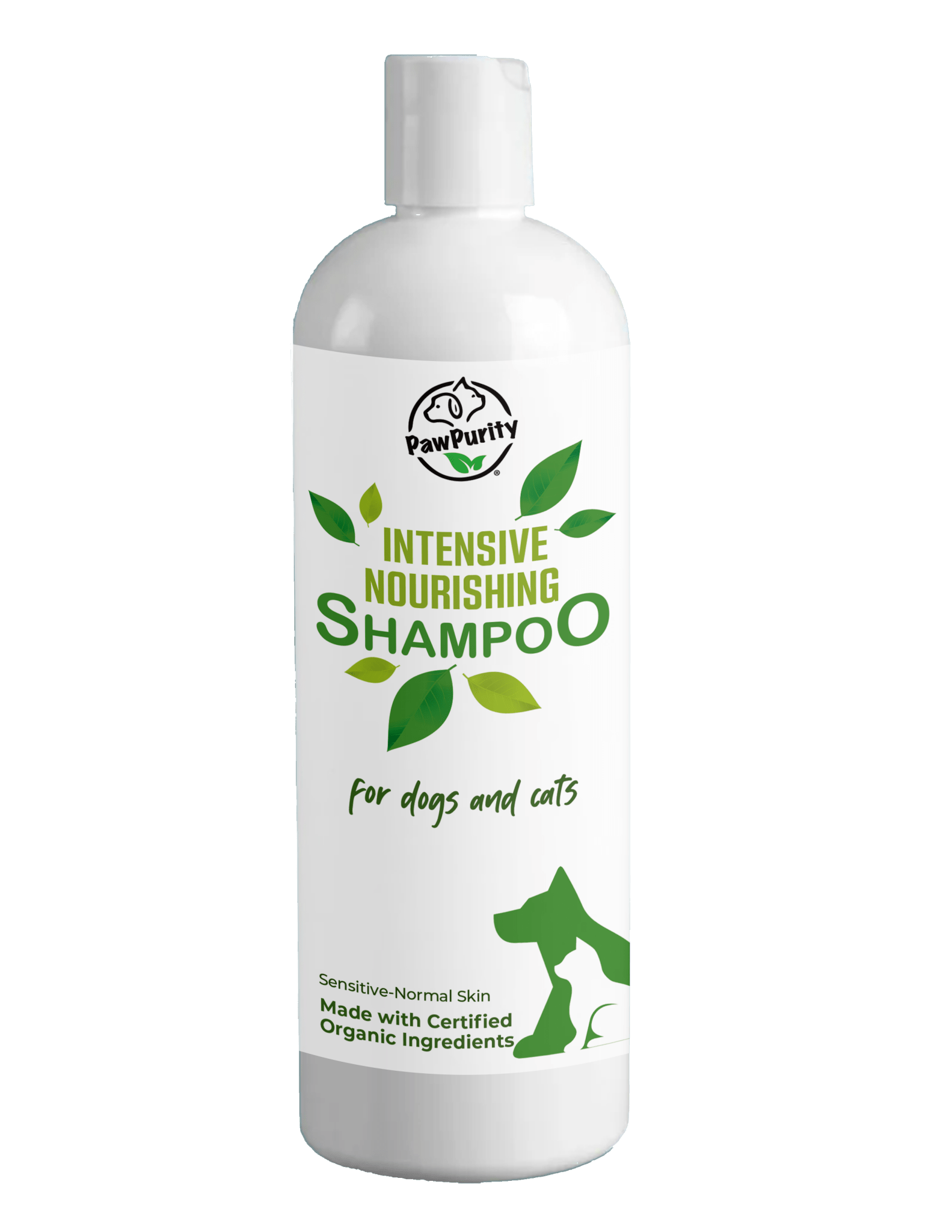 Close-up of PawPurity Intensive Nourishing Shampoo front label for shampoo for dogs with sensitive skin. Organic Botanicals