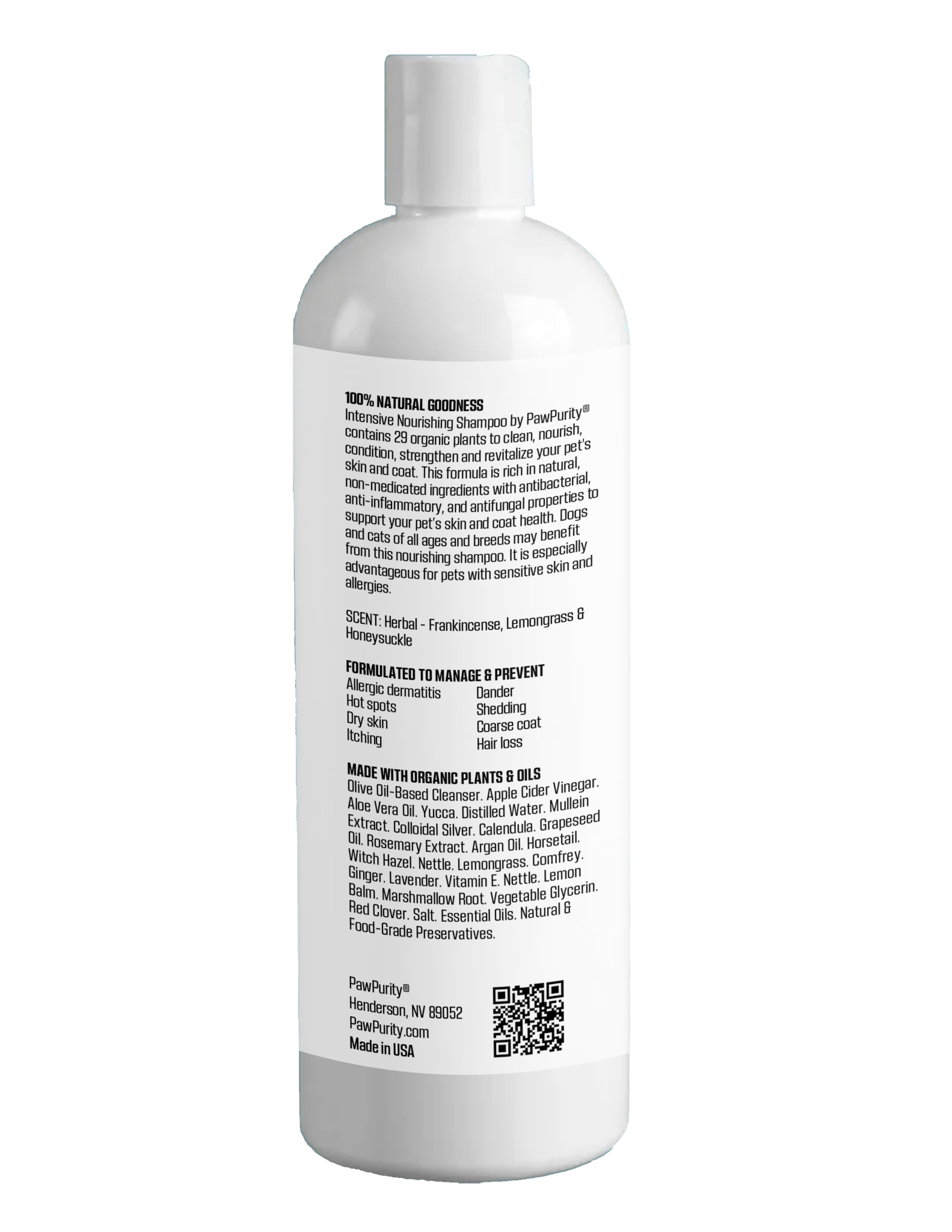 Back label with QR code on PawPurity Intensive Nourishing Dog Shampoo
