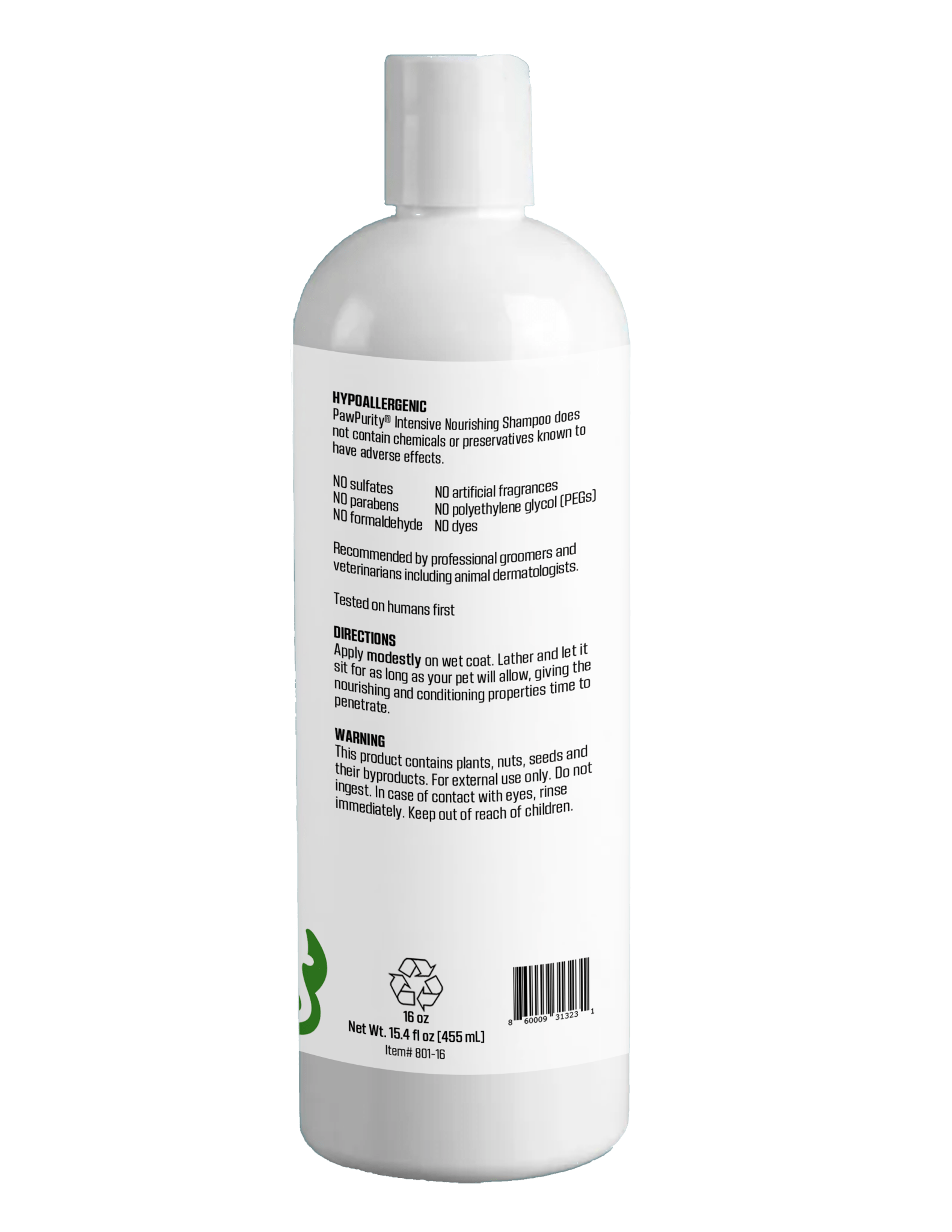 Back label of PawPurity Intensive Nourishing Dog Shampoo, directions