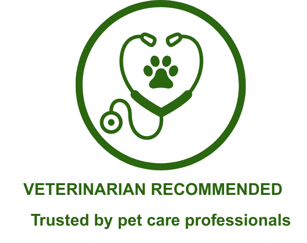 Green icon with a stethoscope and paw print, labeled 'Veterinarian Recommended: Trusted by pet care professionals' on a white background.