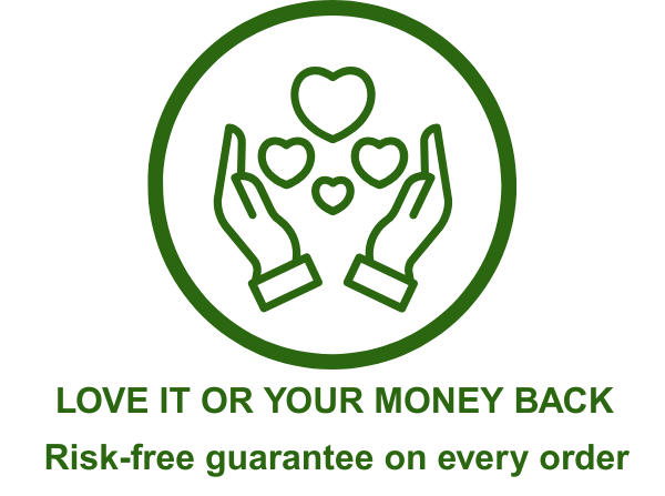Green icon of hands holding hearts with text 'Love it or your money back' on a white background