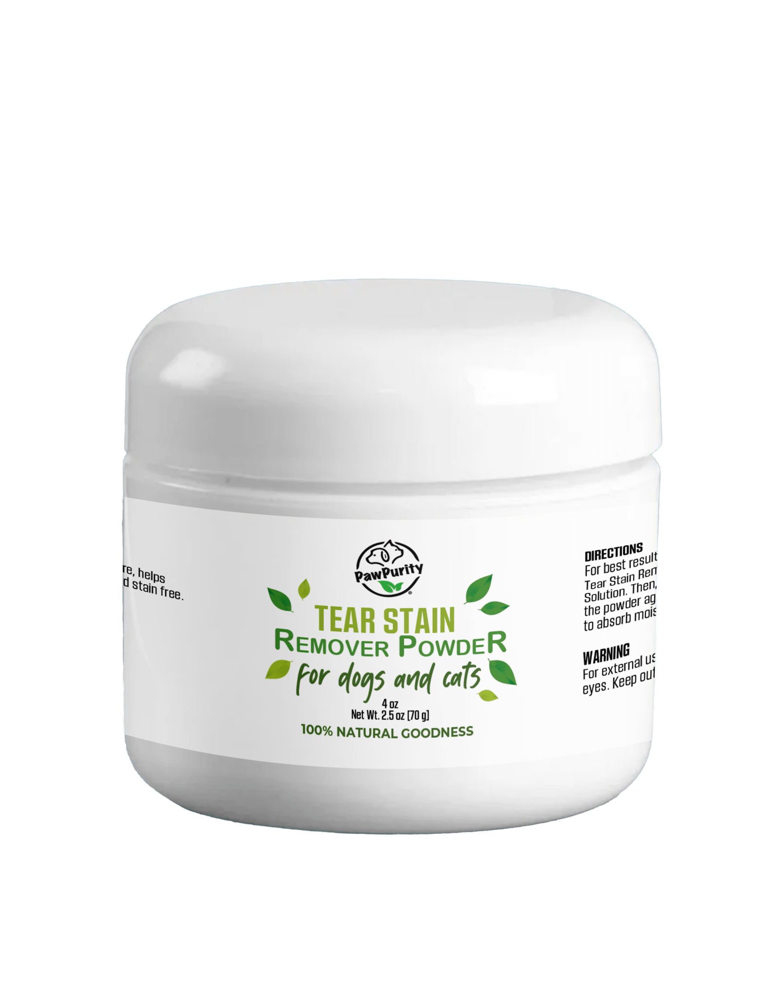 Jar of tear stain remover powder 4 oz for pets indicating it's natural