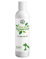 White bottle of PawPurity Flea & Tick Shampoo for dogs and cats indicating it's natural