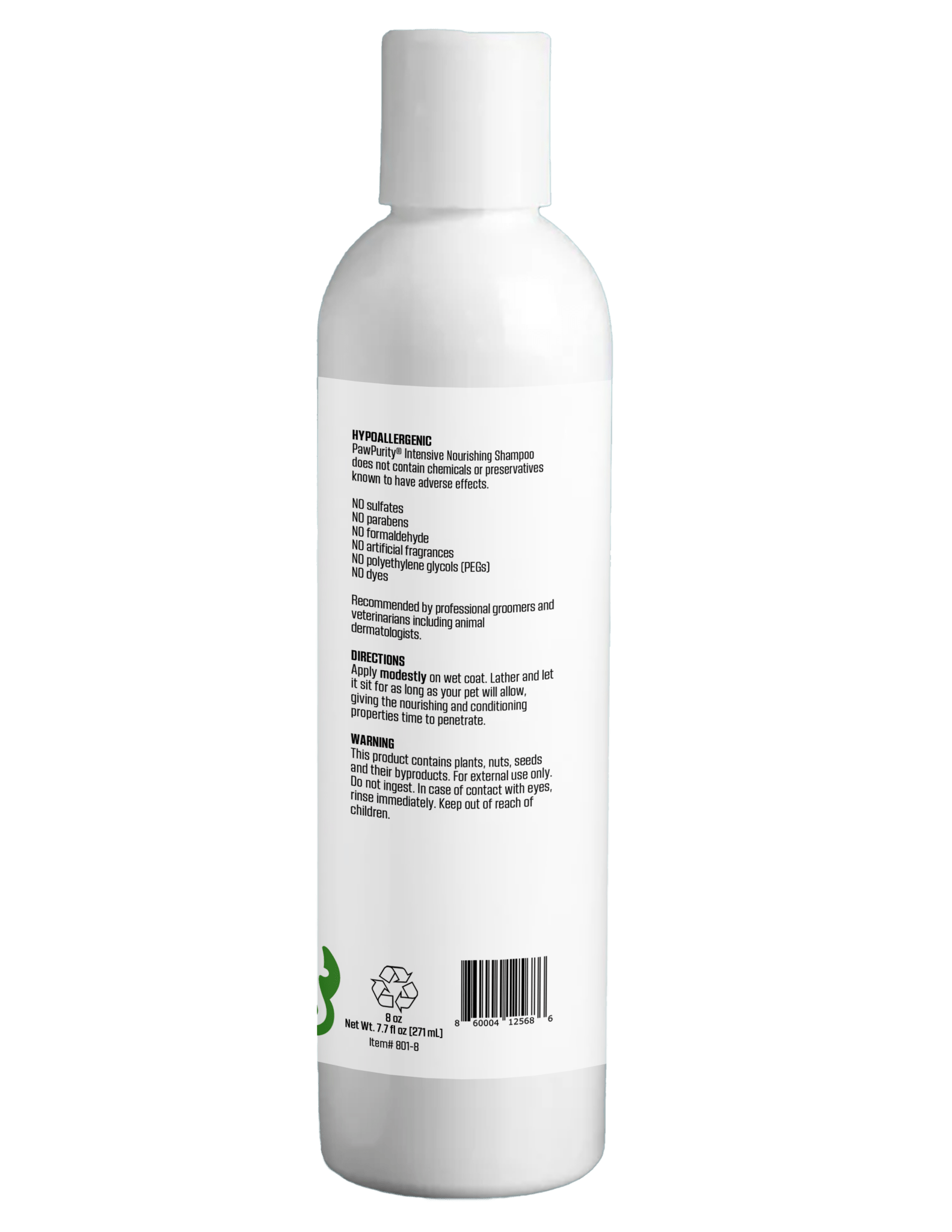 Back label of PawPurity Intensive Nourishing Dog Shampoo with ingredients bottle — natural relief for sensitive skin with 29 botanicals as shown on the bottle