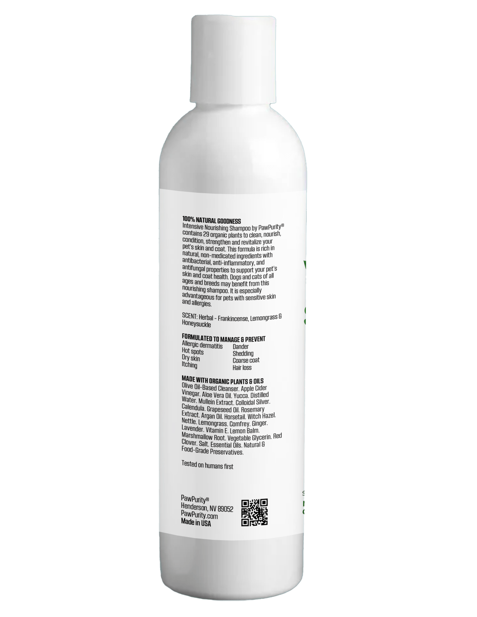 Side/back label of PawPurity Intensive Nourishing Dog Shampoo, usage details Nourishing Shampoo for sensitive, itchy skin