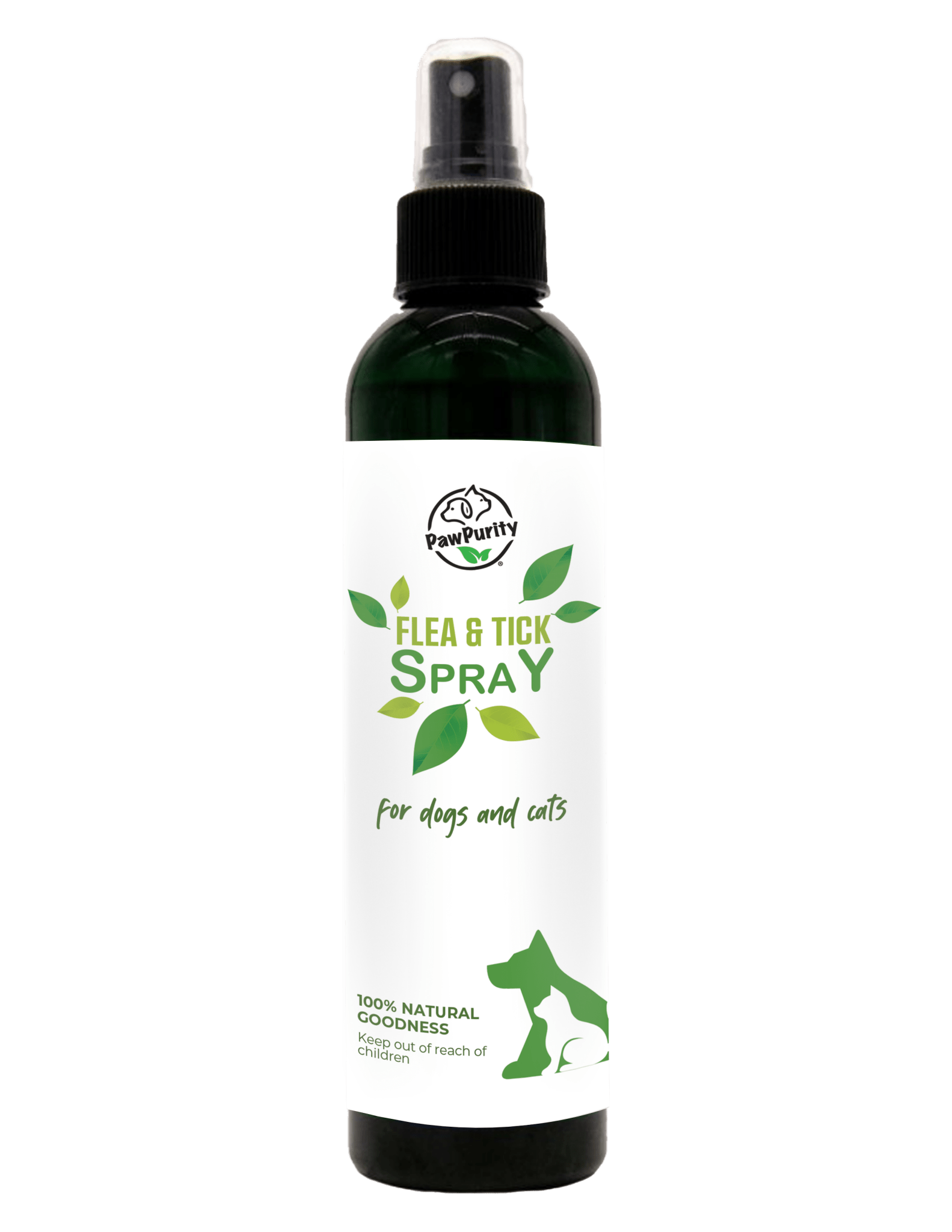 PawPurity Natural Flea & Tick Spray for Dogs front label—natural repellent for dogs and cats, 8 oz mist bottle