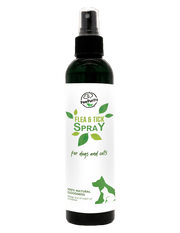 PawPurity Natural Flea & Tick Spray for Dogs front label—natural repellent for dogs and cats, 8 oz mist bottle