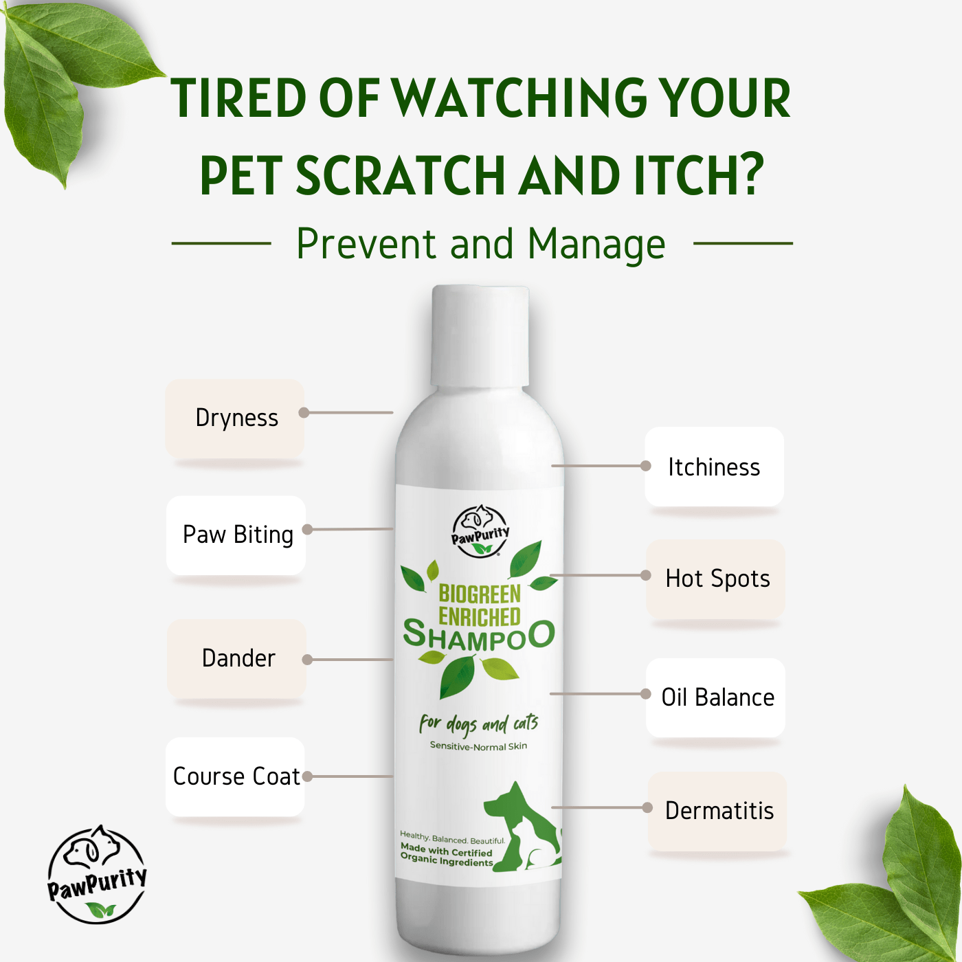 Biogreen Enriched Formula for Hot Spots & Allergies: Natural Cat Shampoo for Itchy Sensitive Skin PawPurity