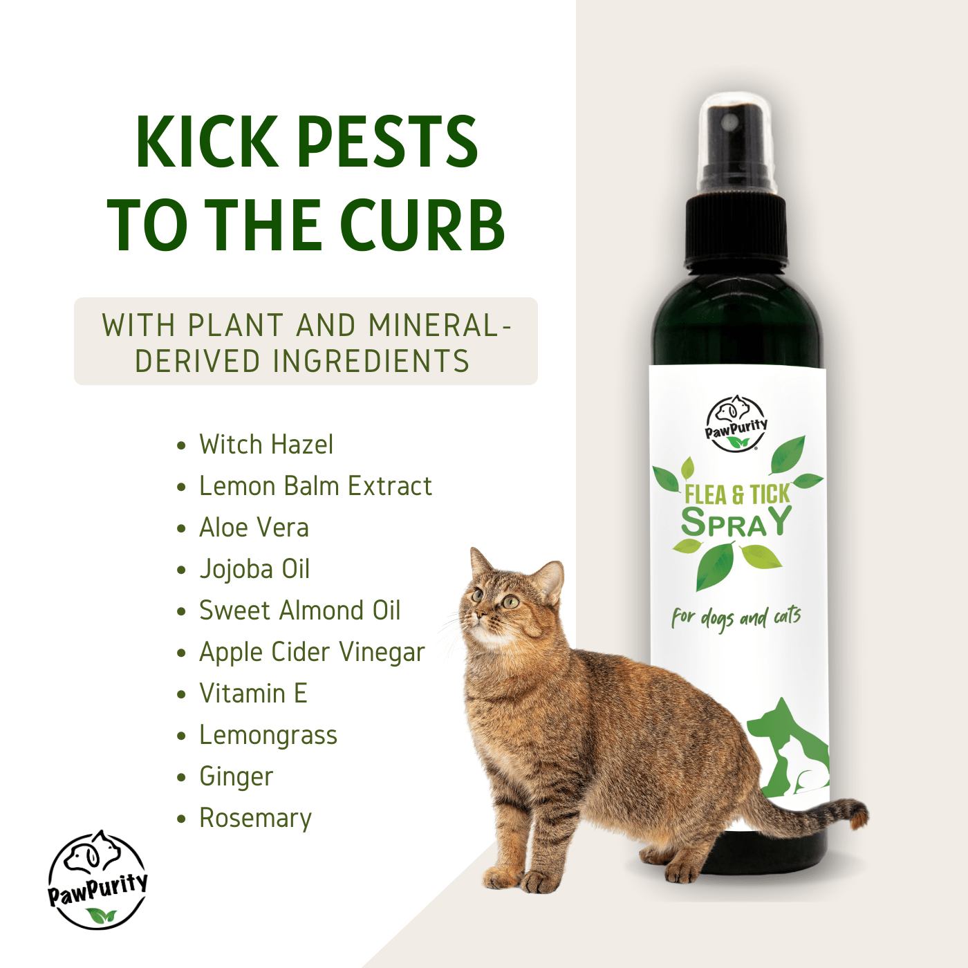 “Kick pests to the curb” graphic. PawPurity Natural Flea & Tick Spray for Dogs with witch hazel, lemon balm, aloe, jojoba, ACV