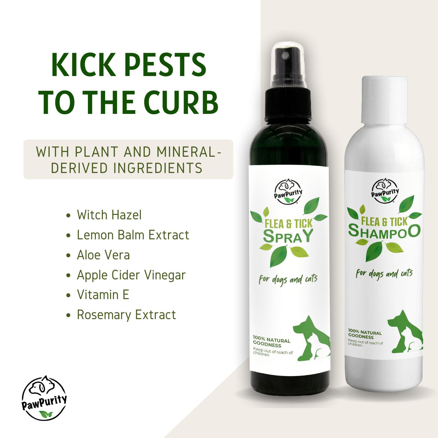Plant- and mineral-derived PawPurity Flea & Tick Shampoo + Spray with witch hazel, lemon balm, aloe, ACV, vitamin E, rosemary