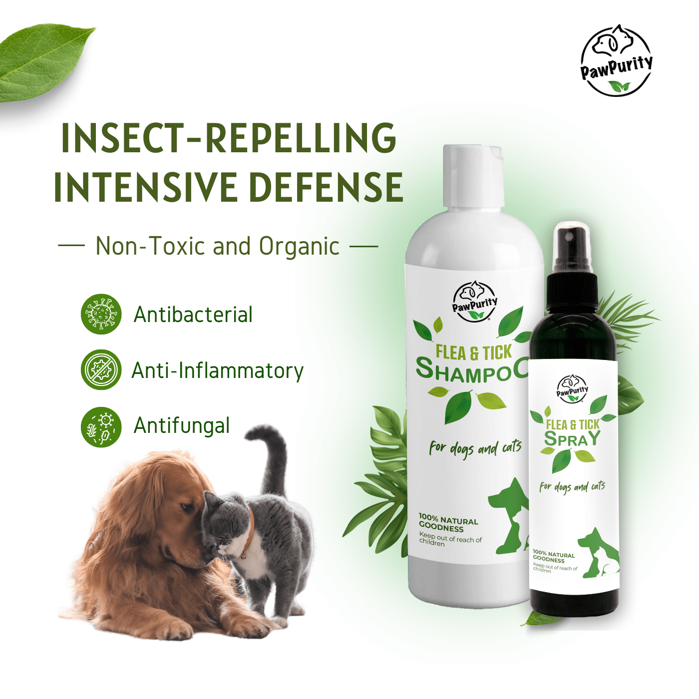 Non-toxic natural PawPurity Flea & Tick Shampoo and Spray for cats—antibacterial, anti-inflammatory, antifungal