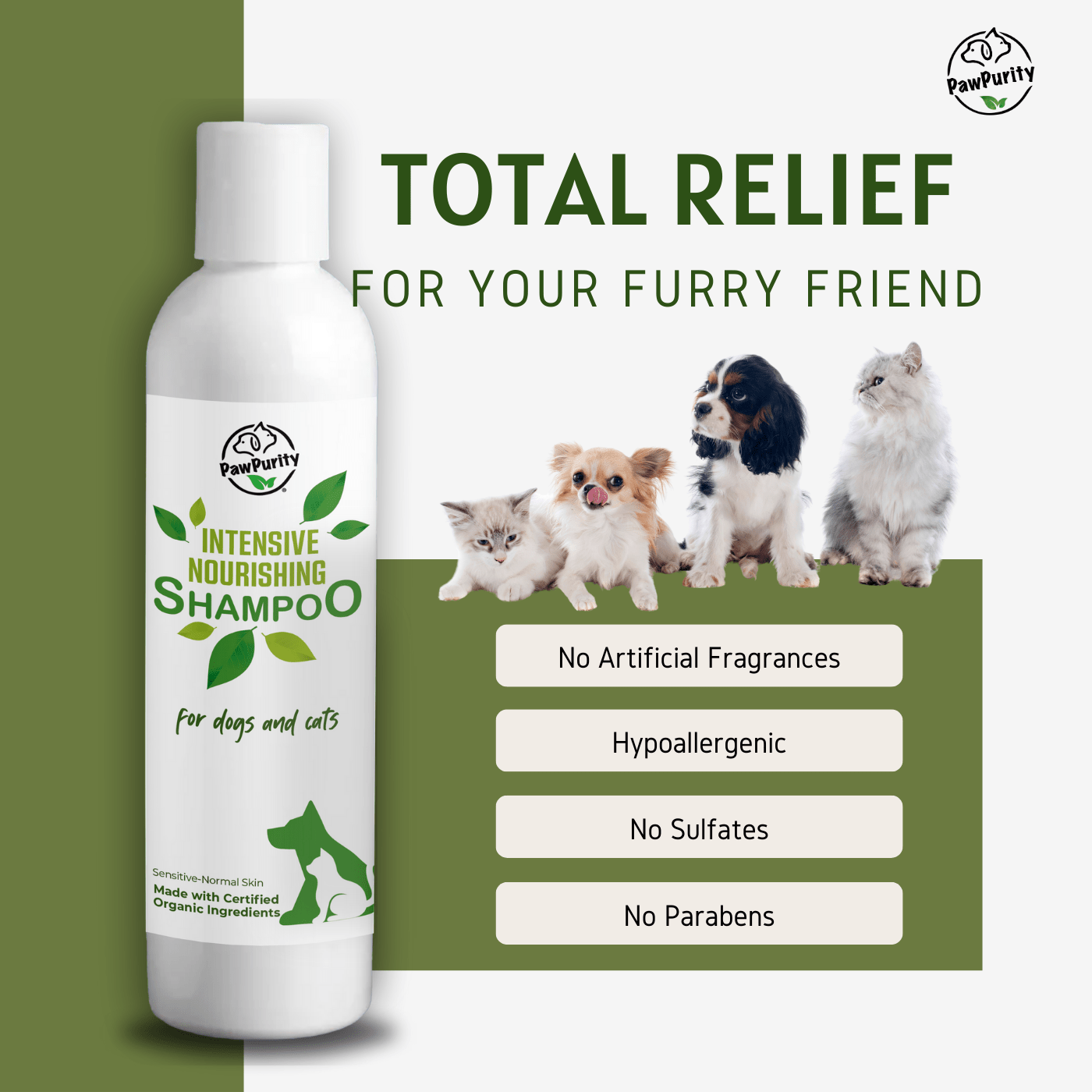 “Total Relief” graphic with dogs and cats and bottle of PawPurity Intensive Nourishing Dog Shampoo for sensitive skin
