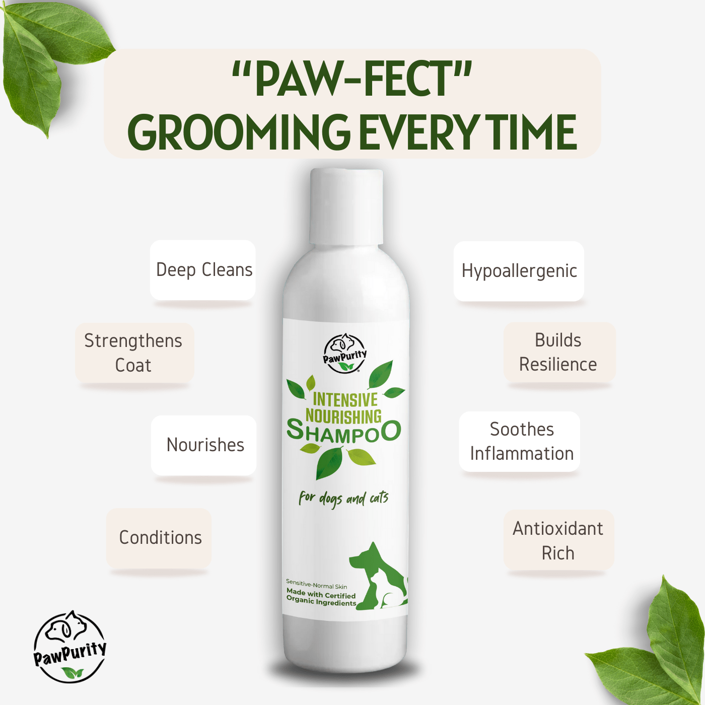 “Paw-fect grooming every time” graphic with PawPurity shampoo and benefits