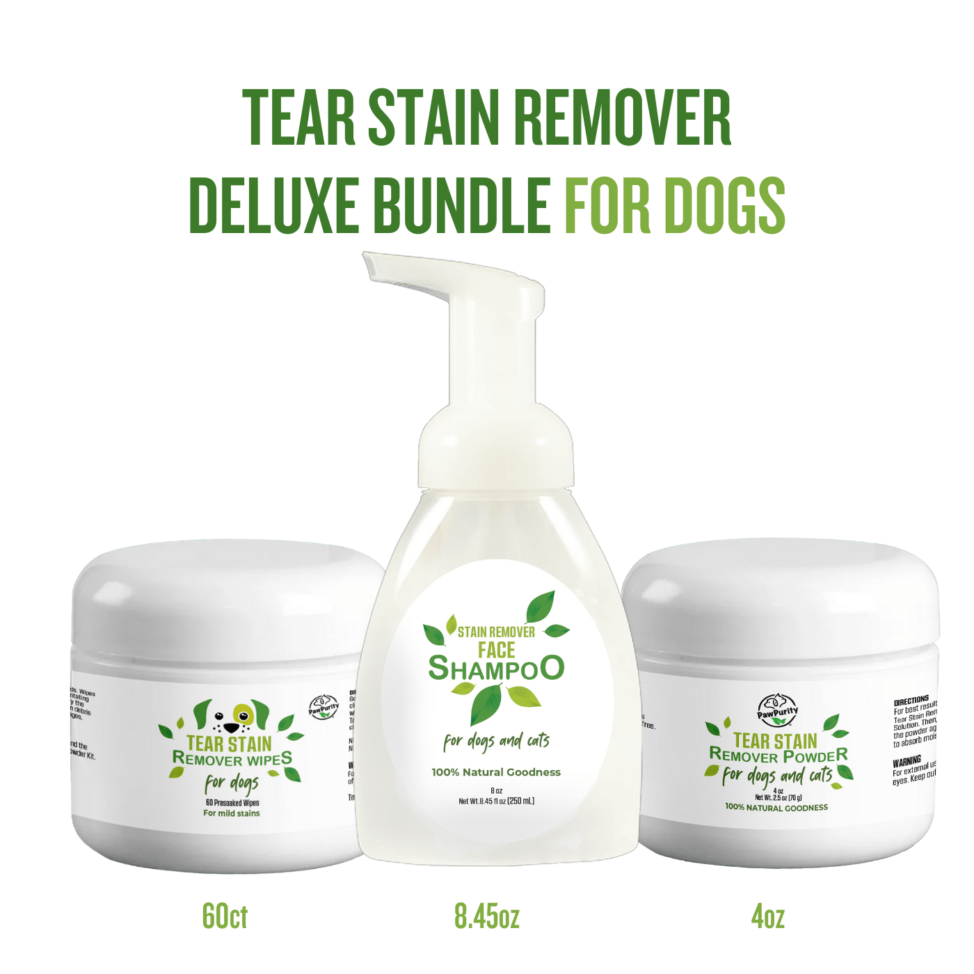 PawPurity Tear Stain Remover Deluxe Bundle for dogs—wipes 60ct, Face Shampoo 8.45oz, Powder 4oz