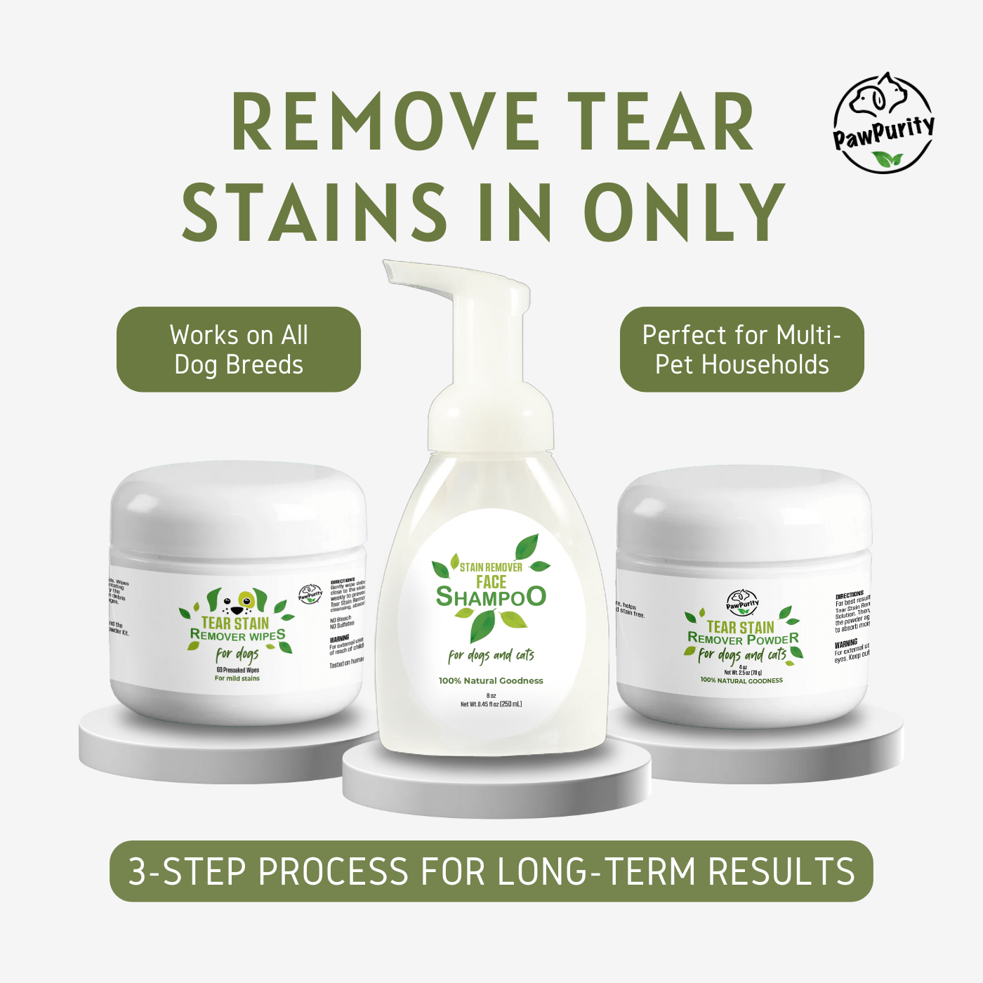 Remove dog tear stains—PawPurity 3-step kit with wipes, face shampoo, and powder for long-term results