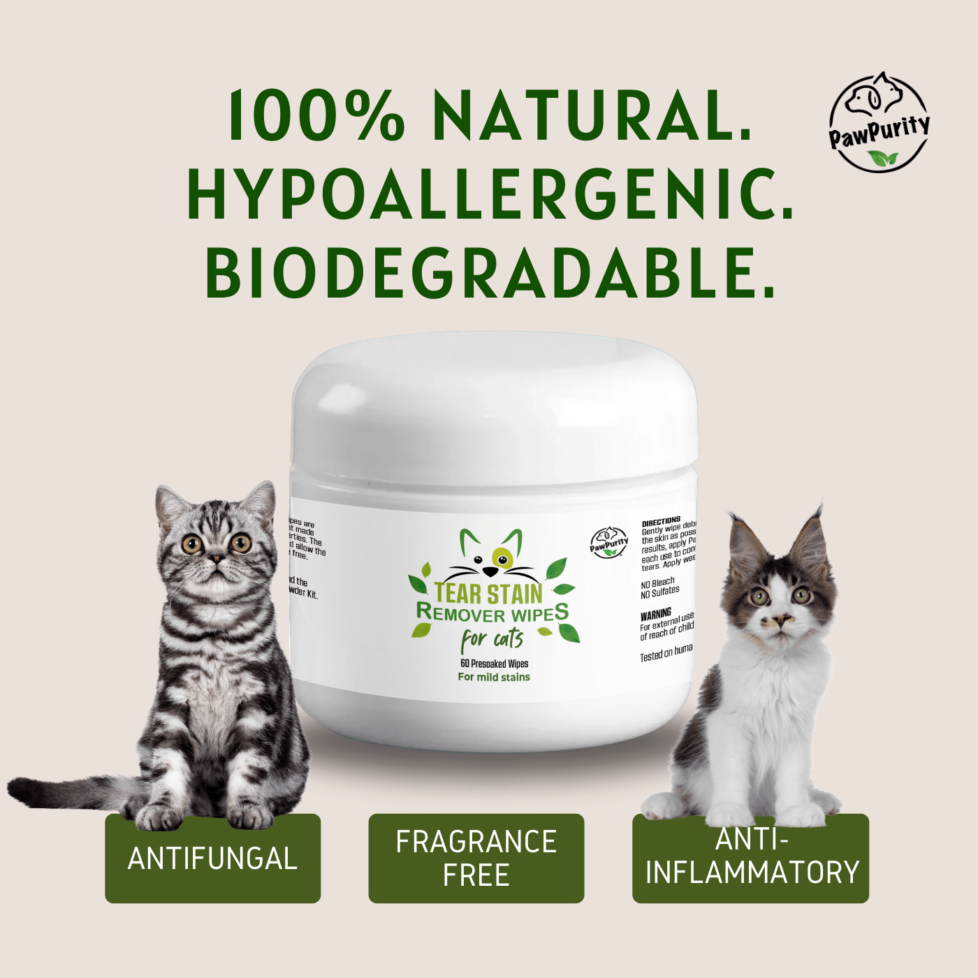 Natural Cat Tear Stain Remover Wipes - Kills Bacteria & Fungi - Safe Human-Grade Formula