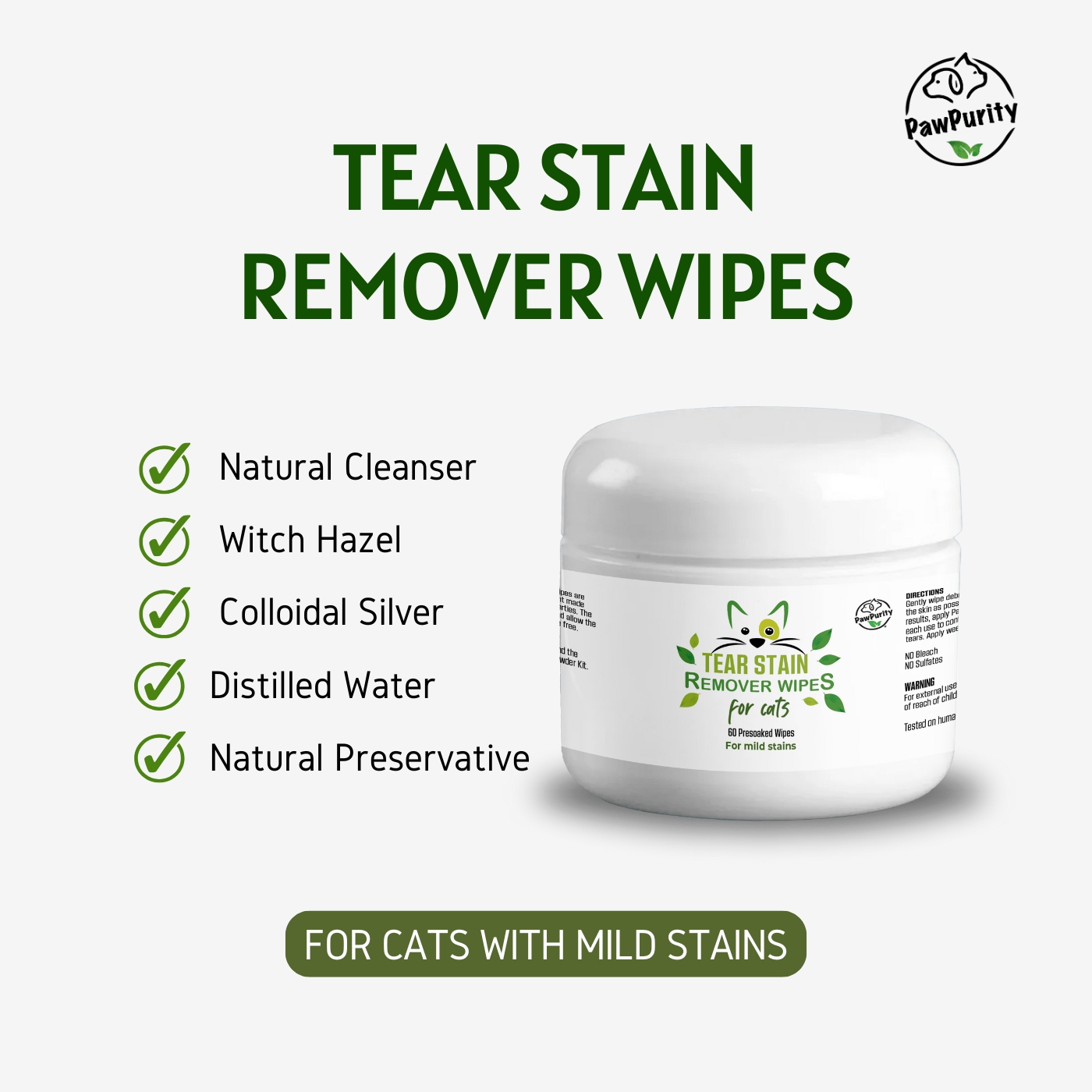 Natural Cat Tear Stain Remover Wipes - Kills Bacteria & Fungi - Safe Human-Grade Formula