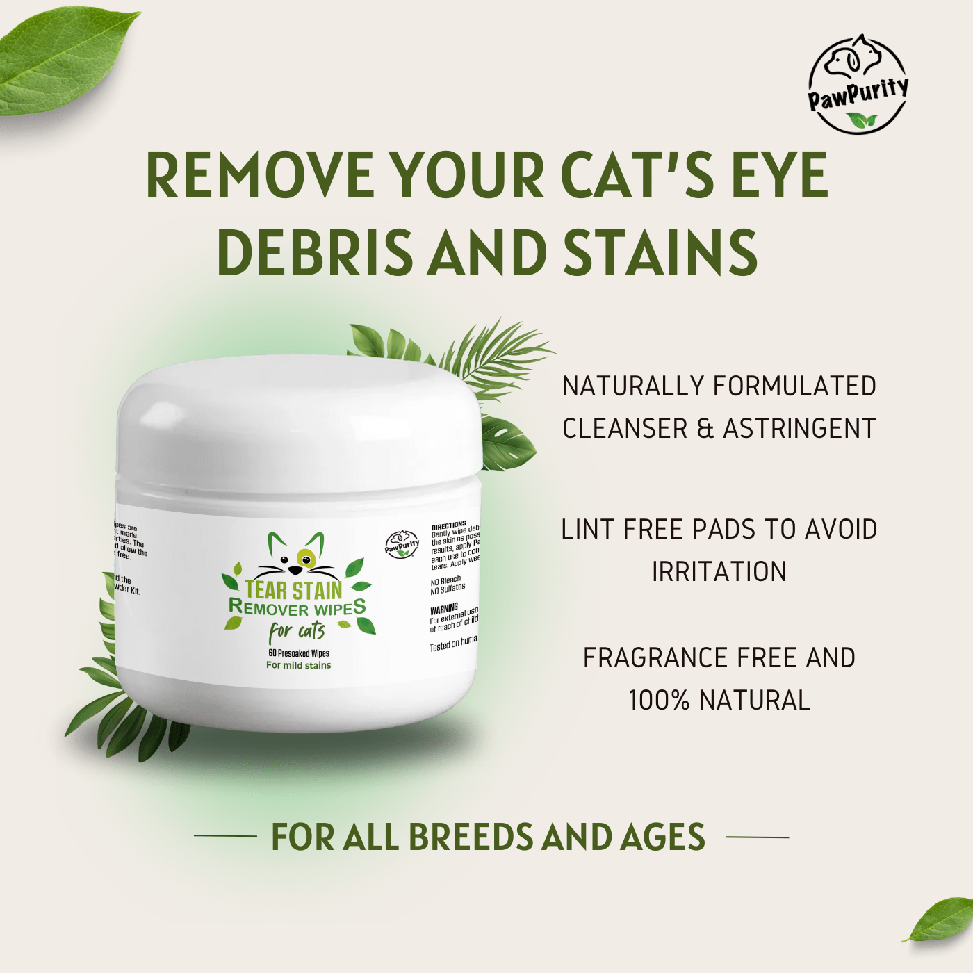 Natural Cat Tear Stain Remover Wipes - Kills Bacteria & Fungi - Safe Human-Grade Formula