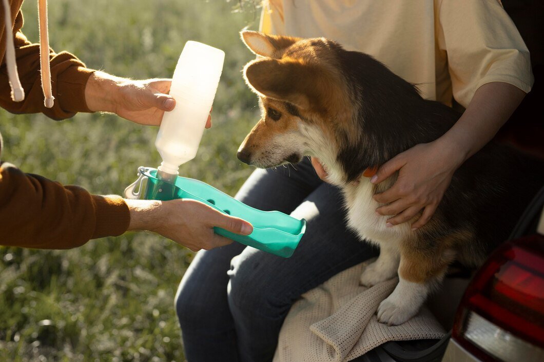 Dog being given a drink of water