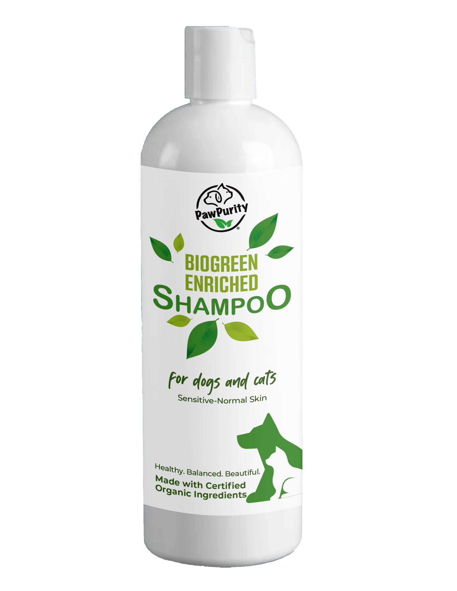 Image of the front of Biogreen Enriched Shampoo for Cats 16 oz. Indicates it's for sensitive to normal skin pets and that it's made with organic ingredients