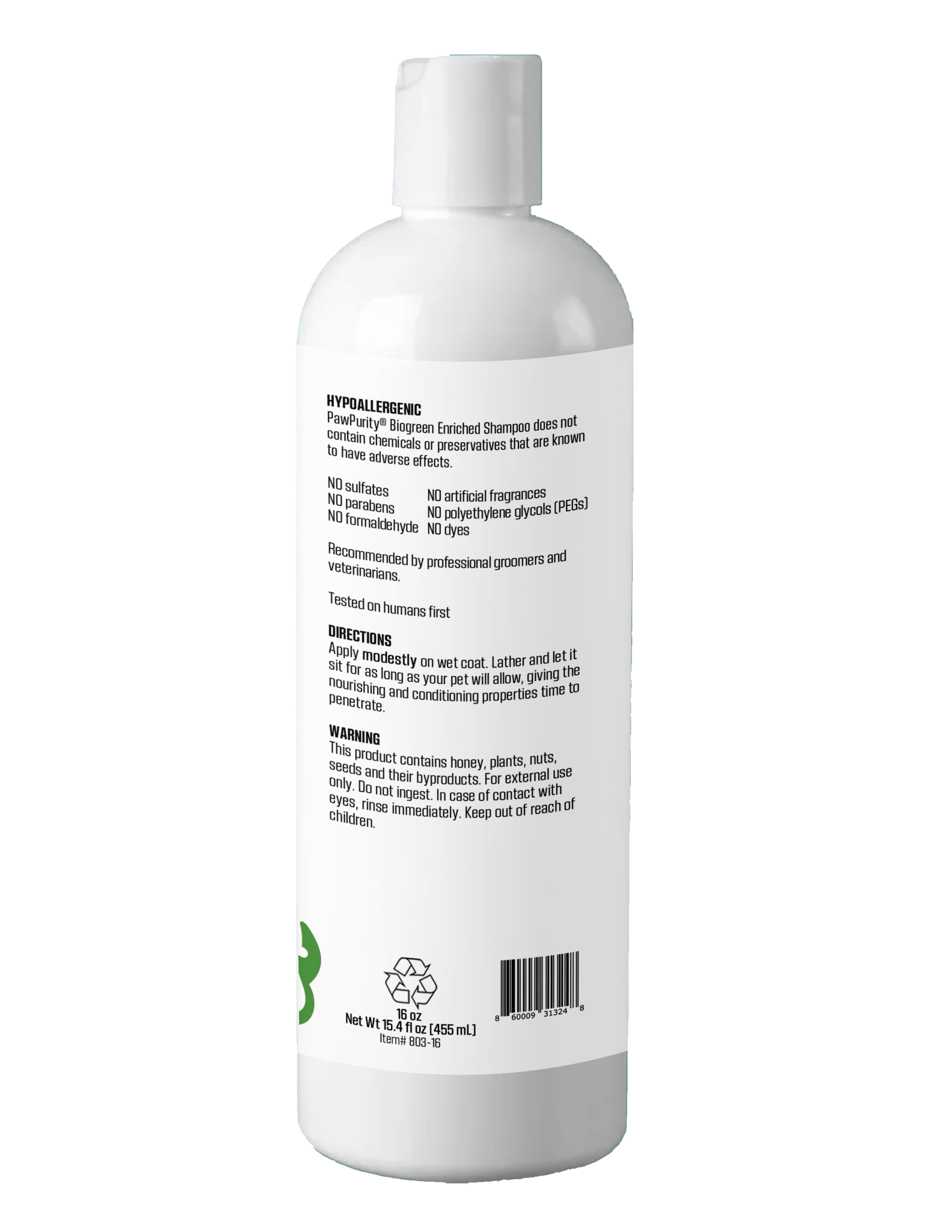 Shows Biogreen Shampoo is hypoallergenic, having no sulfates, parabens, artificial fragrances or formaldehyde. Instructions