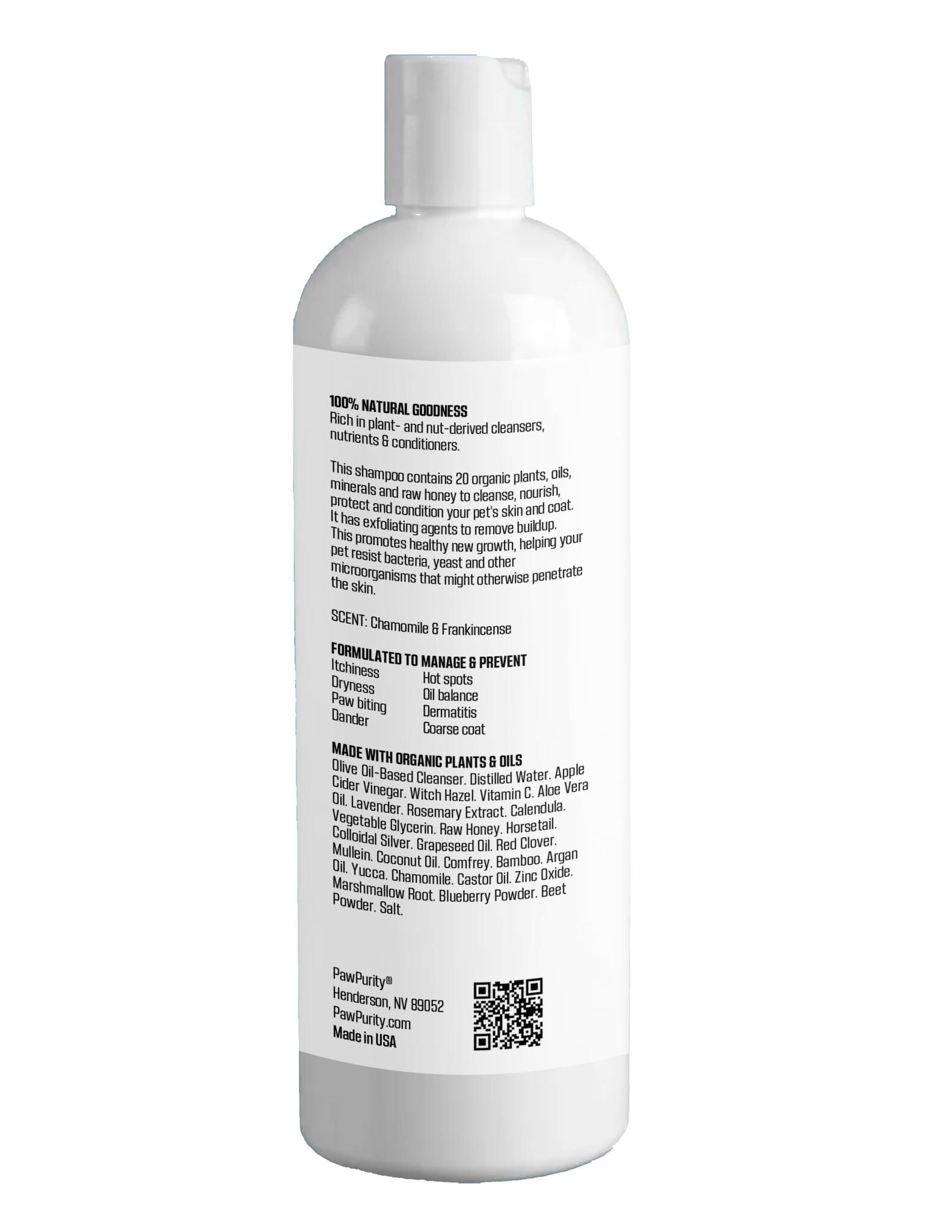 Back of Biogreen Enriched Shampoo for Cats listing its 20 organic plants, oils, minerals and raw honey. Manages skin issues