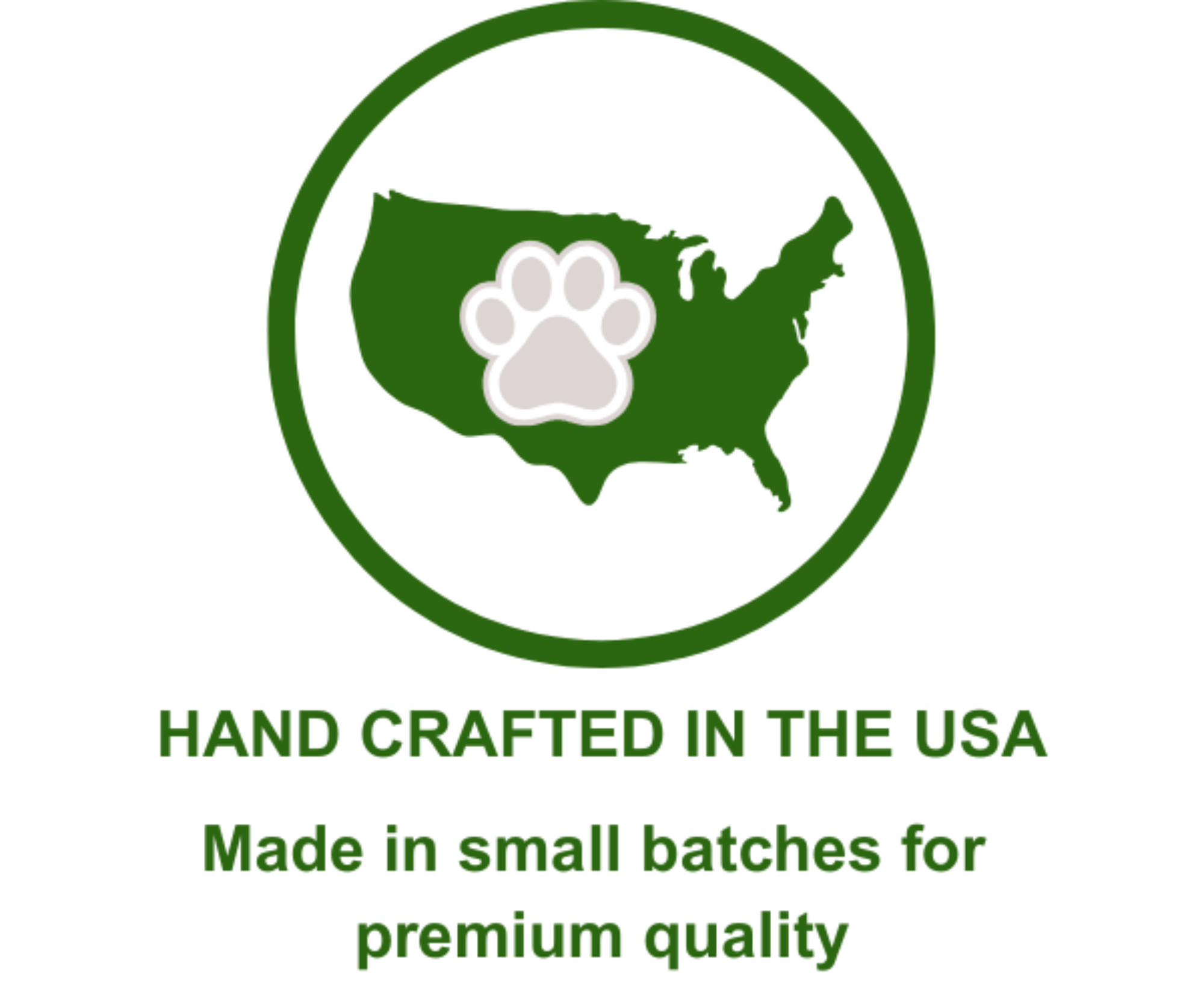 Logo with a map of the USA and a paw print, indicating 'Hand Crafted in the USA' on a white background.