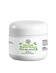 Jar of tear stain remover powder 4 oz for pets indicating it's natural