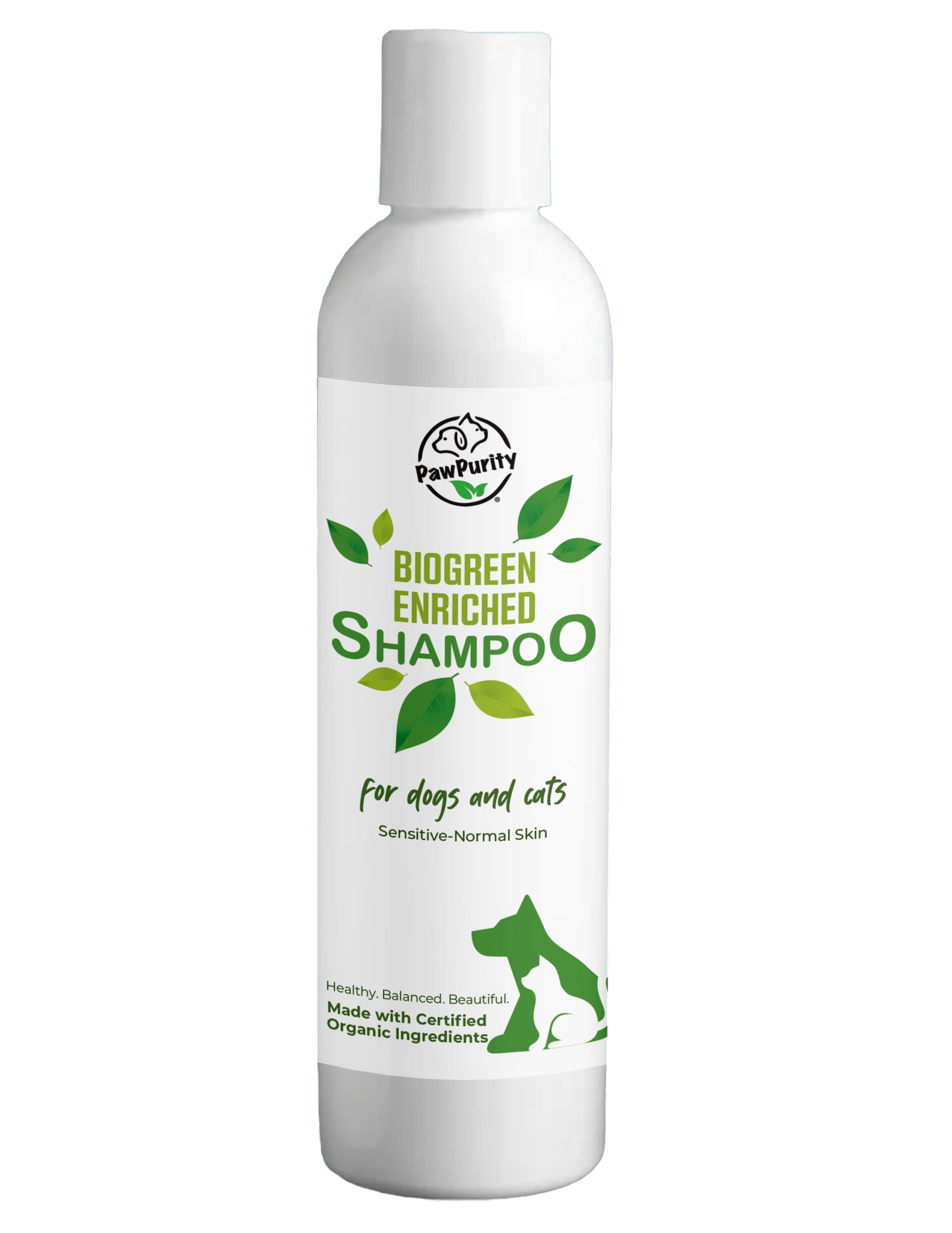 Image of the front of Biogreen Enriched Shampoo for Cats 8 oz. Indicates it's for sensitive to normal skin pets and that it's made with organic ingredients