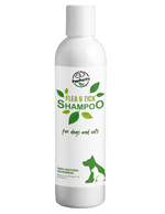 White bottle of PawPurity Flea & Tick Shampoo for dogs and cats indicating it's natural