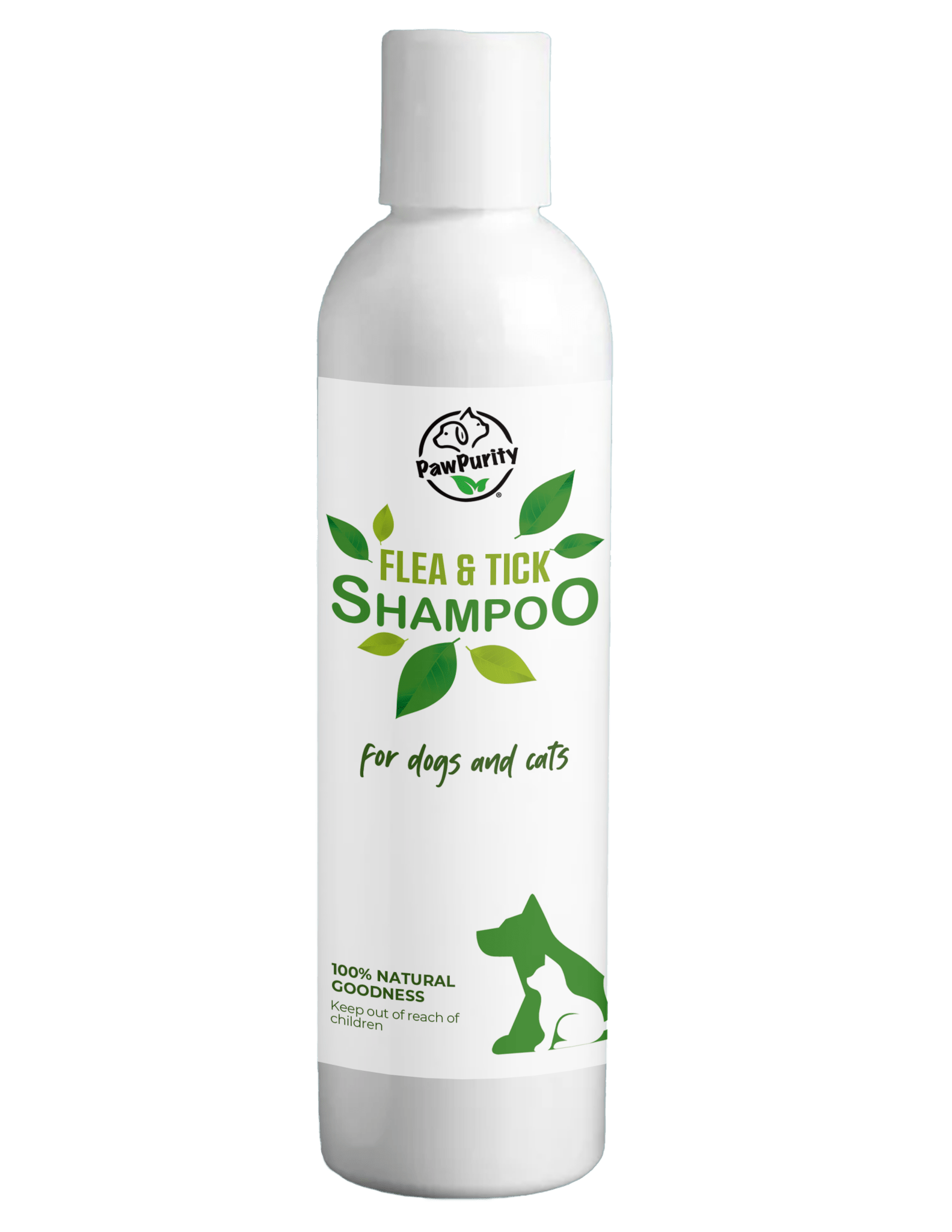 White bottle of PawPurity Flea & Tick Shampoo for dogs and cats indicating it's natural