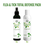 Natural flea and tick defense pack with spray and shampoo bottles indicating they are totally natural