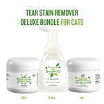 Tear stain remover deluxe bundle for cats with shampoo, wipes, and a cream on a white background.