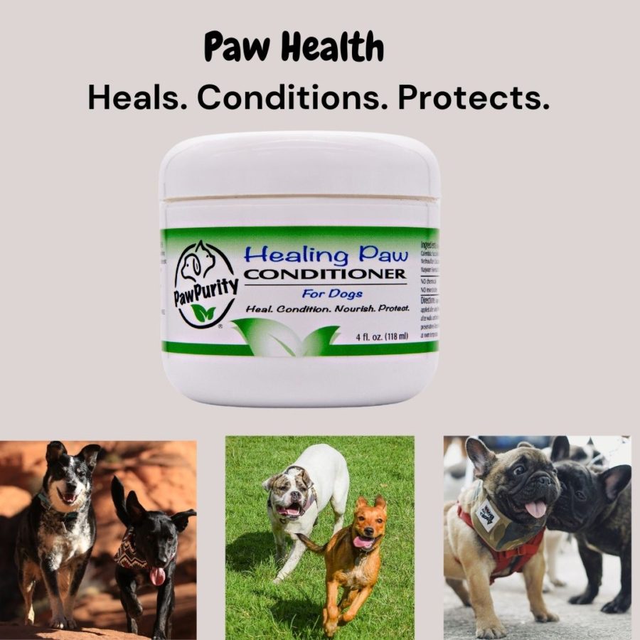 Healing Paw Conditioner by PawPurity flanked by dogs running and walking
