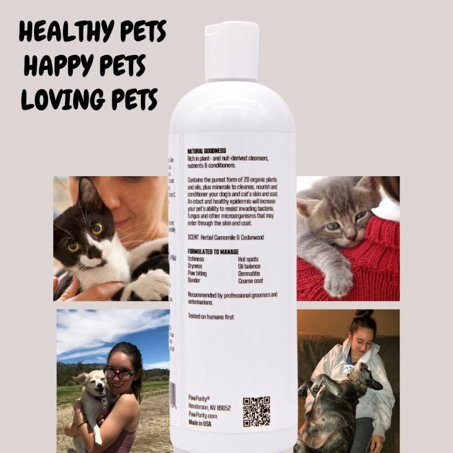Image of the back of PawPurity Pet Shampoo with cats and dogs
