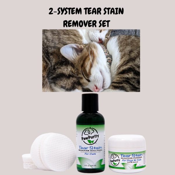 Image of two cats sleeping very cozy and a 2 step tear stain remover kit