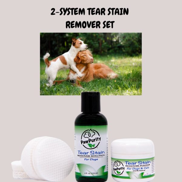 Image of two dogs playing and a 2 step tear stain remover kit