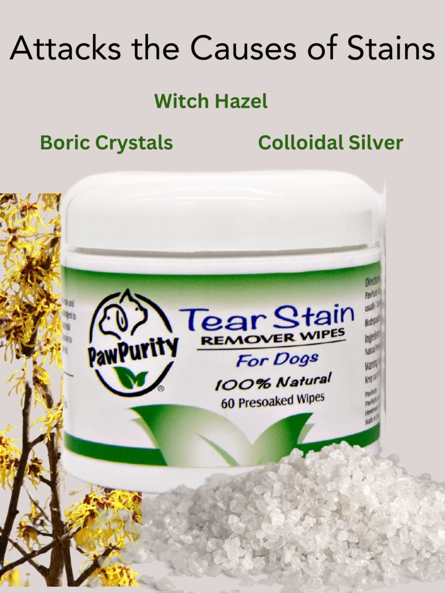 Image of Tear Stain Remover Wipes for Dogs including the ingredients of witch hazel, boric crystals and colloidal silver