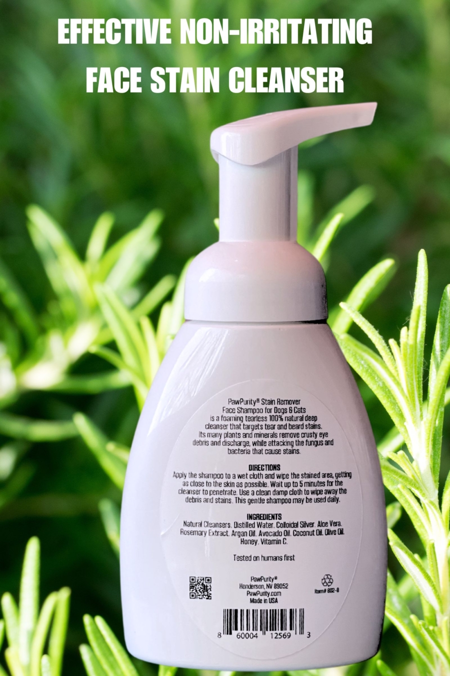 Back of PawPurity Face Stain Remover Shampoo showing ingredients to be 100% organic