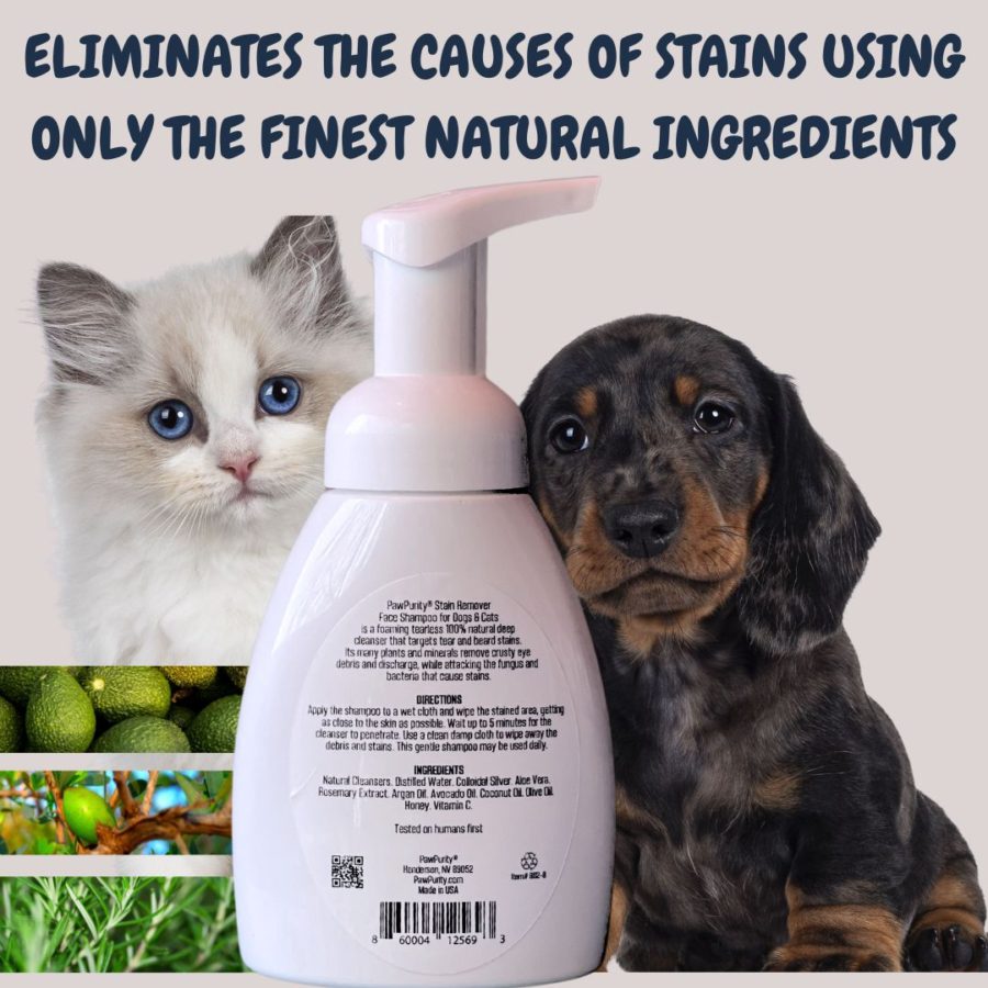 Image of a dog and cat with a bottle of PawPurity Face Stain Remover. Image shows three of the natural ingredients including avocado, argan and rosemary plants.