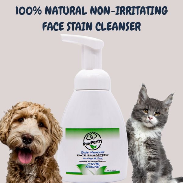 Image of a dog and cat with a bottle of PawPurity Face Stain Remover. The title is 100% Natural Non-Irritating Face Stain Cleanser