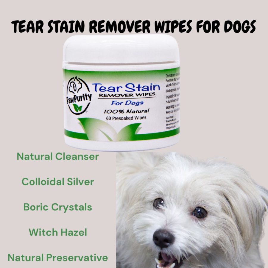 Image of PawPurity's Tear Stain Wipes For Dogs with ingredients showing natural cleansers, colloidal silver, boric crystals, witch hazel and natural preservatives