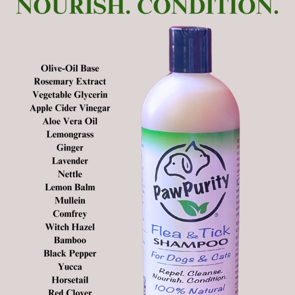 PawPurity Flea & Tick Shampoo with list of 100% natural ingredients