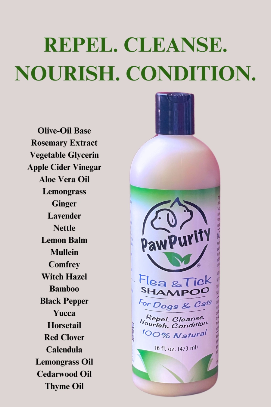 PawPurity Flea & Tick Shampoo with list of 100% natural ingredients