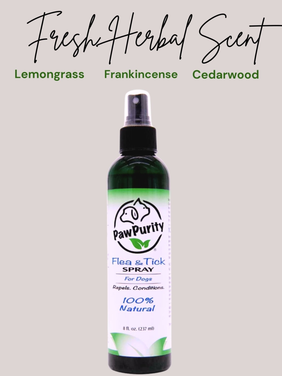 Scent of PawPurity's Flea & Tick Spray shows as Lemongrass, Frankincense, and Cedarwood