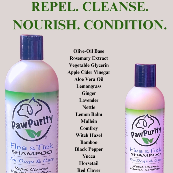 PawPurity Flea & Tick Shampoo in 8 ounce and 16 ounce sizes