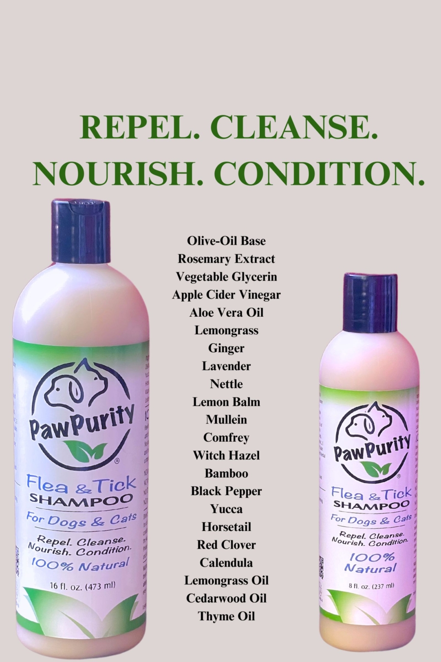 PawPurity Flea & Tick Shampoo in 8 ounce and 16 ounce sizes