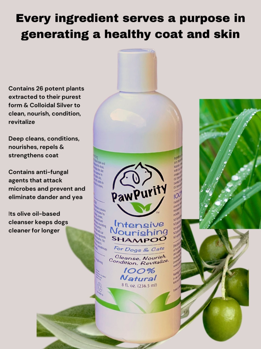 Container of PawPurity Intensive Nourishing Shampoo for Dogs & Cats with list of the many benefits for pets with extremely sensitive skin