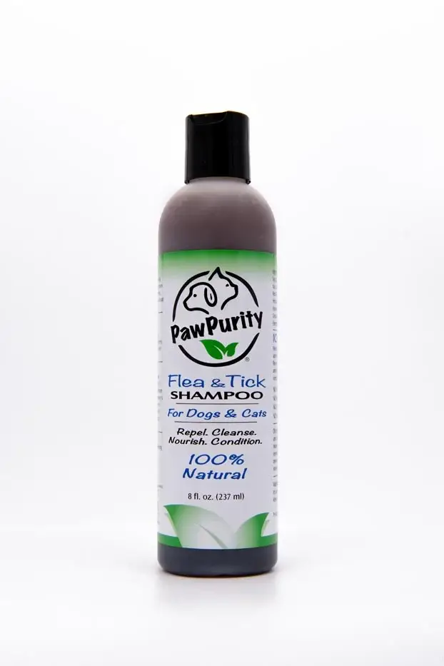 Image of PawPurity Flea & Tick Shampoo that may be used on newborn kittens because of its all-natural and organic ingredients. 